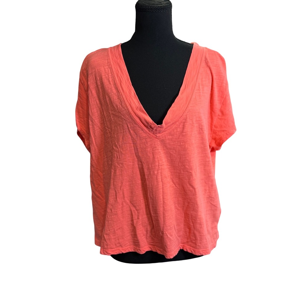 Pilcro T-Shirt Large Coral Pink Boxy Plunge V Neck Boho Basics Anthropologie